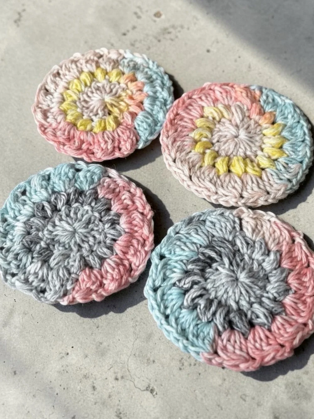 Hand Crafted Pastel Crochet Round Coasters in Pink, Blue, Gray, Cream